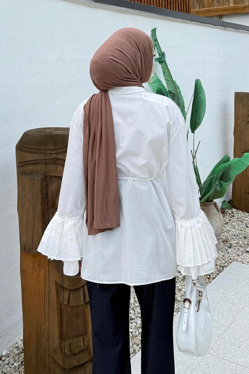 Lamelif Kadın Oversize Piliseli Uzun Gömlek Lacivert Düz Desenli Pamuk - Polyester Malzeme ile Şık Tasarım görsel 4