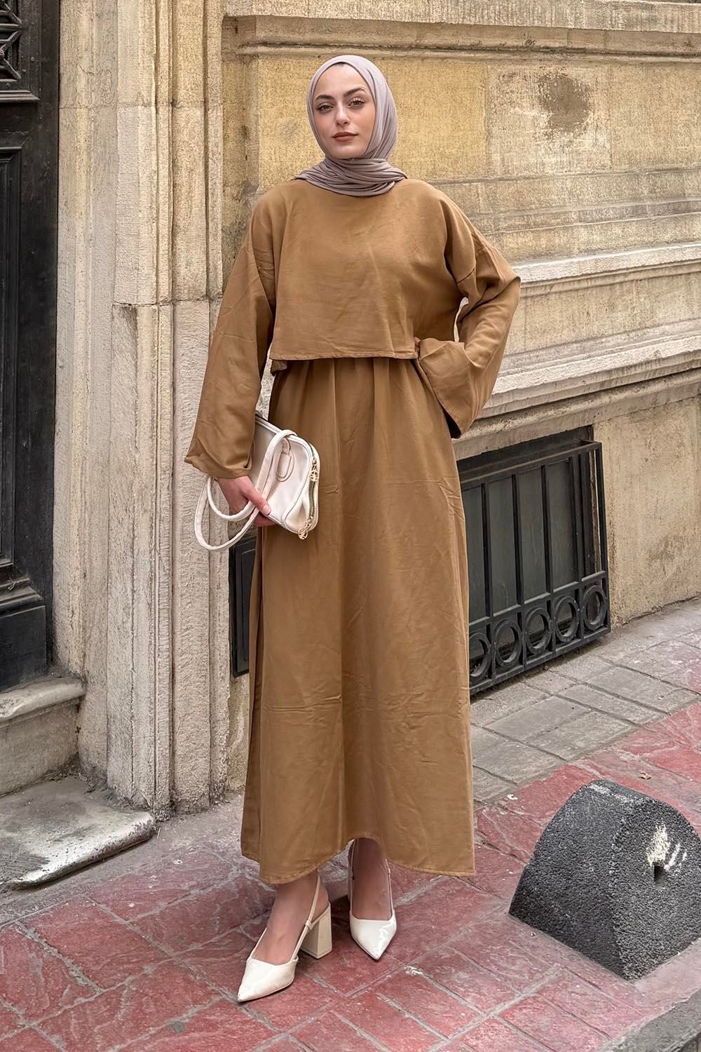 Lamelif Lacivert Oversize Etekli Tesettür Takım Kadın Pamuk - Polyester Düz Desen ile Şık