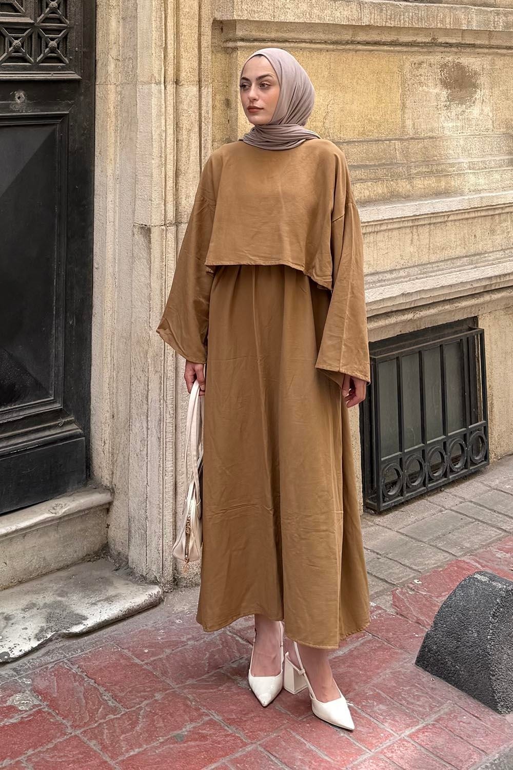 Lamelif Lacivert Oversize Etekli Tesettür Takım Kadın Pamuk - Polyester Düz Desen ile Şık görsel 2