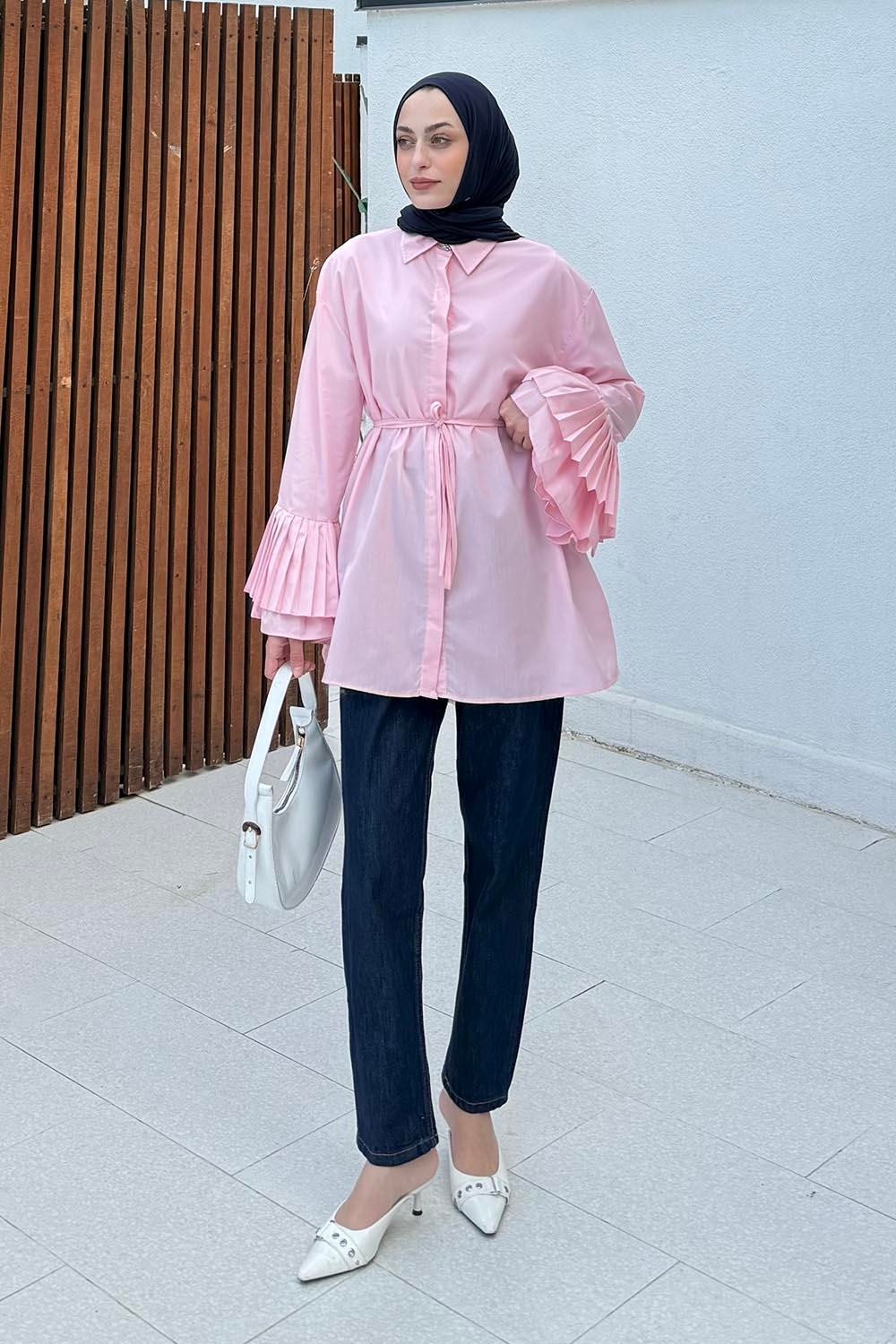 Lamelif Kadın Oversize Piliseli Uzun Gömlek Lacivert Düz Desenli Pamuk - Polyester Malzeme ile Şık Tasarım görsel 5