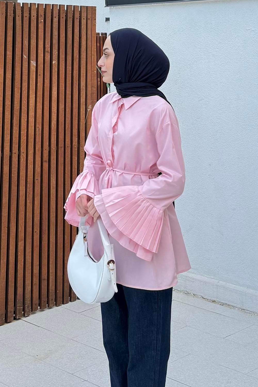 Lamelif Kadın Oversize Piliseli Uzun Gömlek Lacivert Düz Desenli Pamuk - Polyester Malzeme ile Şık Tasarım görsel 6