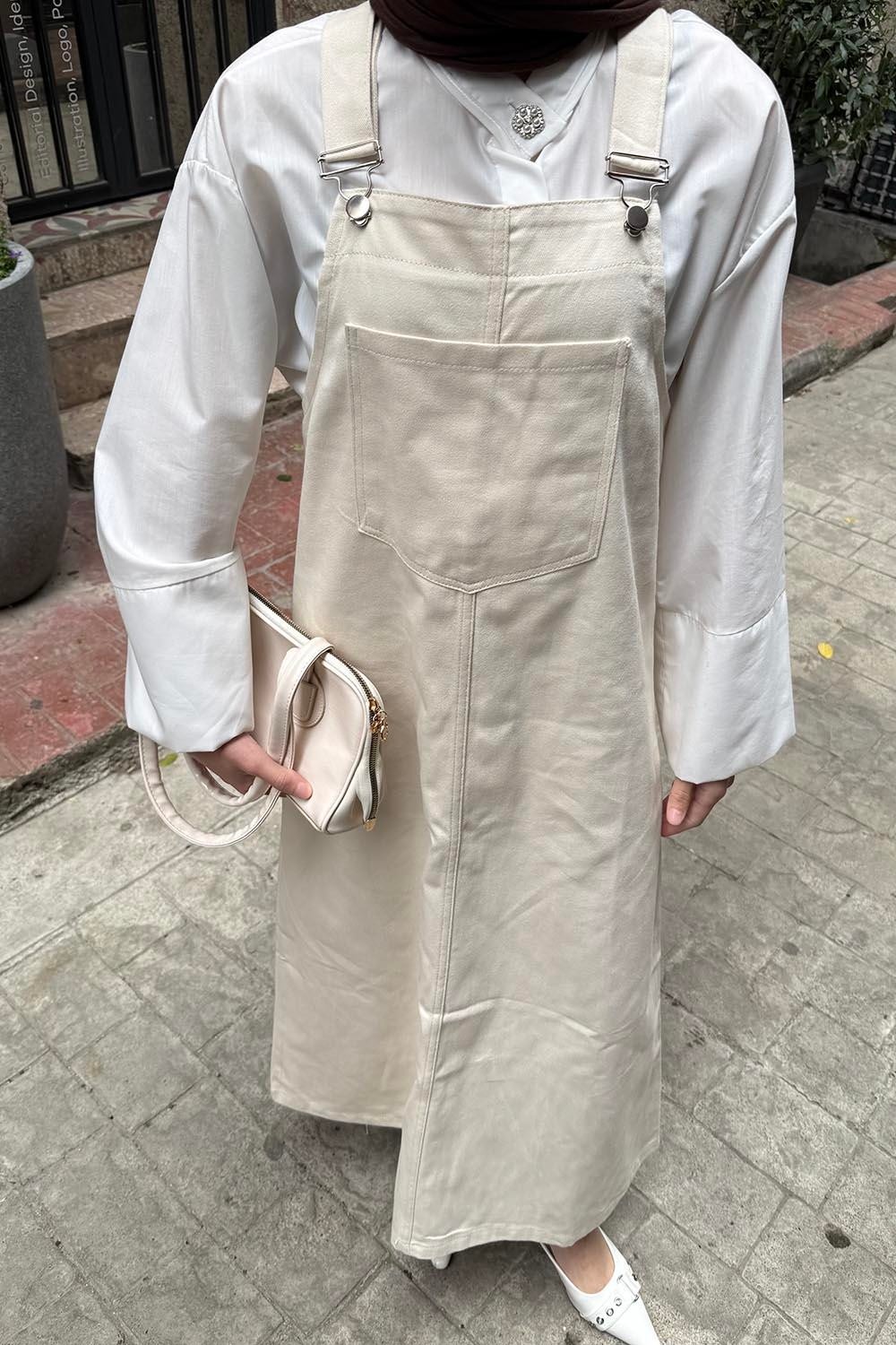 Lamelif Ön Cep Detaylı Etekli Salopet Taş görsel 7