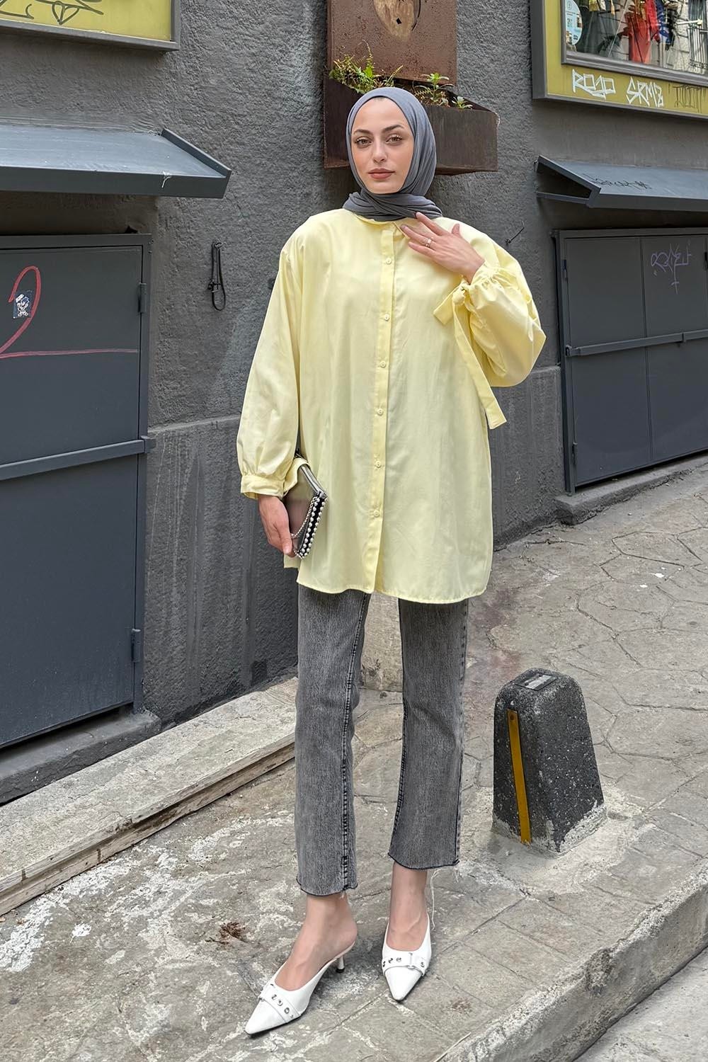 Lamelif Kol Detaylı Gömlek oversize Gömlek Sarı