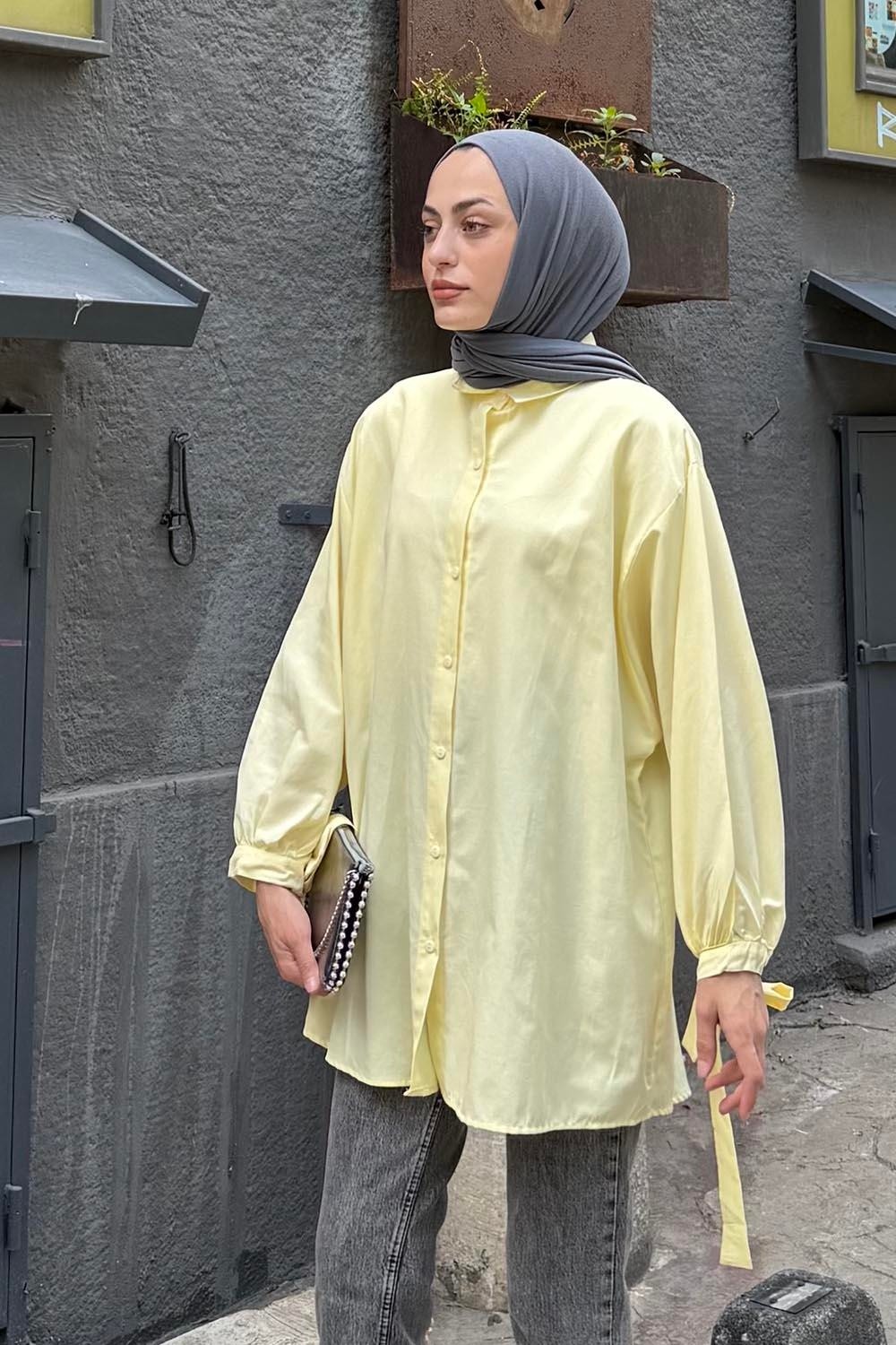 Lamelif Kol Detaylı Gömlek oversize Gömlek Sarı görsel 2