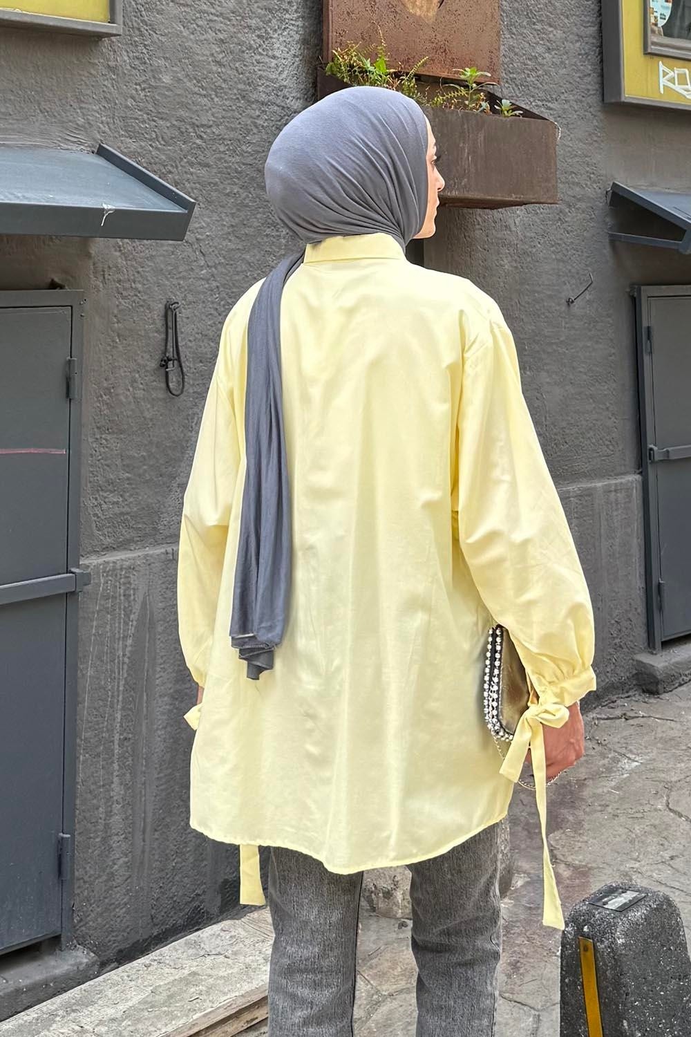 Lamelif Kol Detaylı Gömlek oversize Gömlek Sarı görsel 4