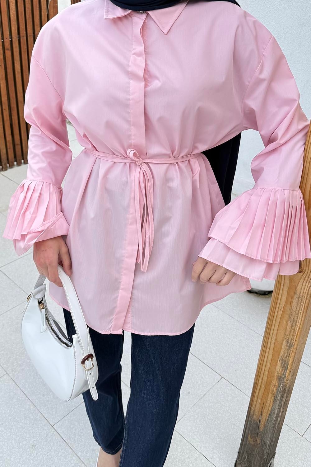 Lamelif Kadın Oversize Piliseli Uzun Gömlek Lacivert Düz Desenli Pamuk - Polyester Malzeme ile Şık Tasarım görsel 7