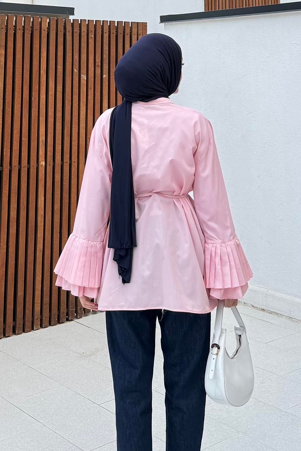 Lamelif Kadın Oversize Piliseli Uzun Gömlek Lacivert Düz Desenli Pamuk - Polyester Malzeme ile Şık Tasarım görsel 8