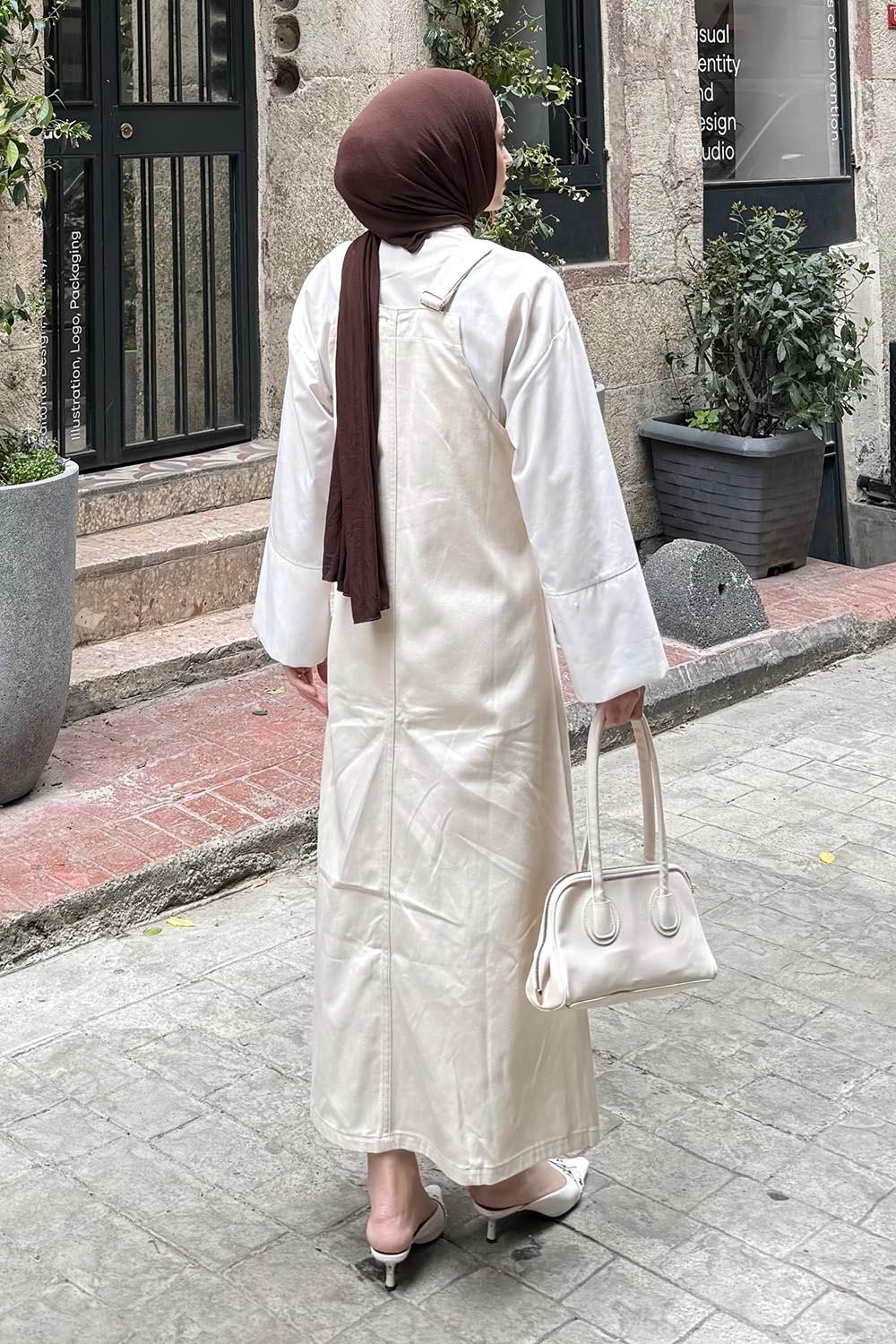 Lamelif Ön Cep Detaylı Etekli Salopet Taş görsel 8