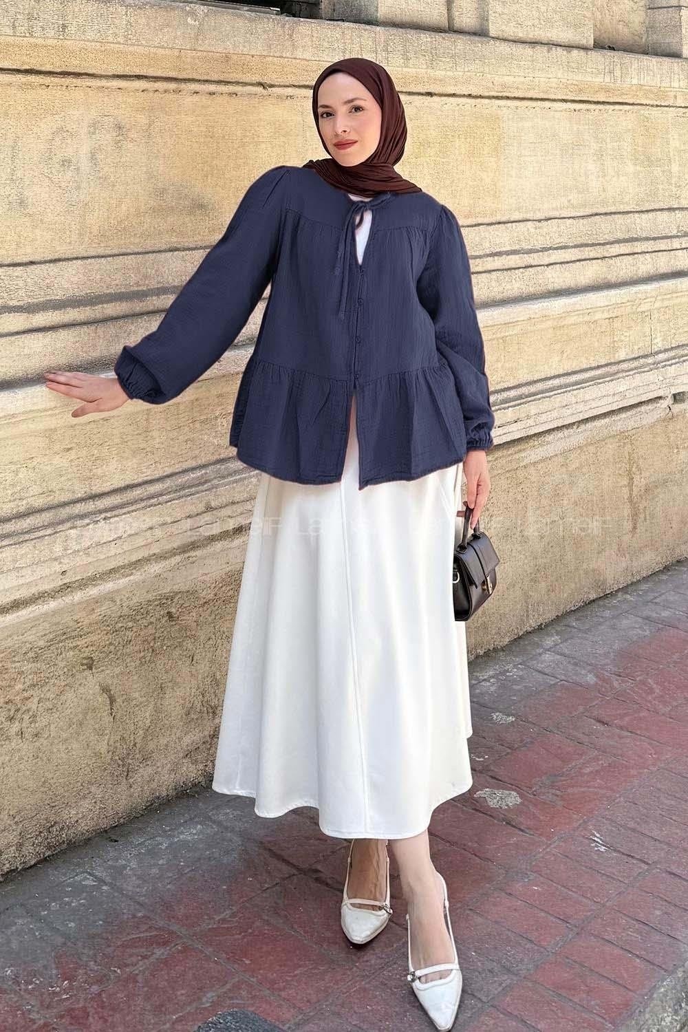Lamelif V Yaka Kolları Lastikli Müslim Tesettür Gömlek Soft Sarı
