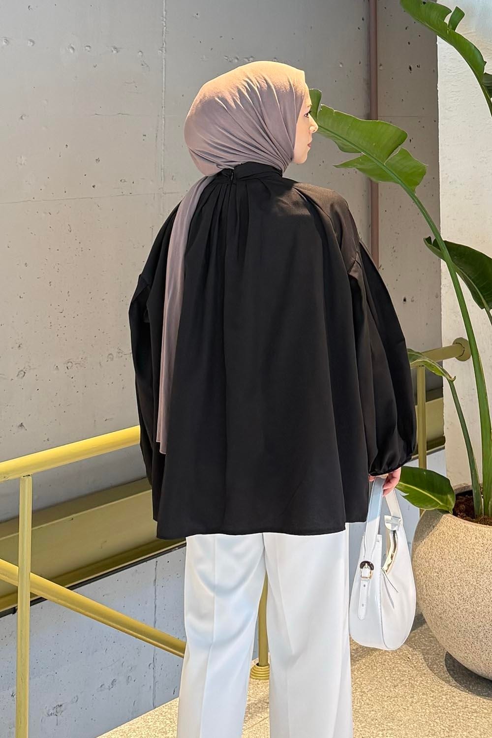 Lamelif Yaka Fular Detaylı Gömlek Siyah görsel 4