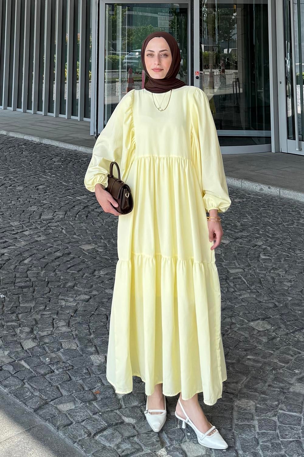 Lamelif Balon Kol Katlı Yazlık Elbise Mürdüm