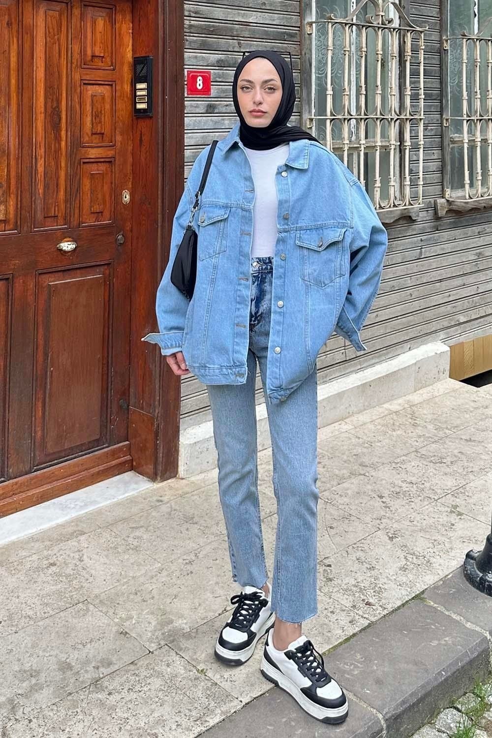 Lamelif Çift Cepli Oversize Ceket Buz Mavisi