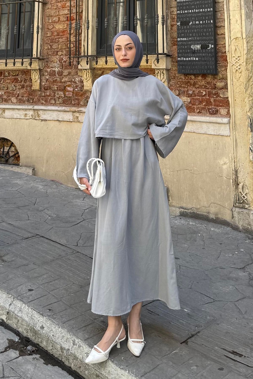 Lamelif Lacivert Oversize Etekli Tesettür Takım Kadın Pamuk - Polyester Düz Desen ile Şık