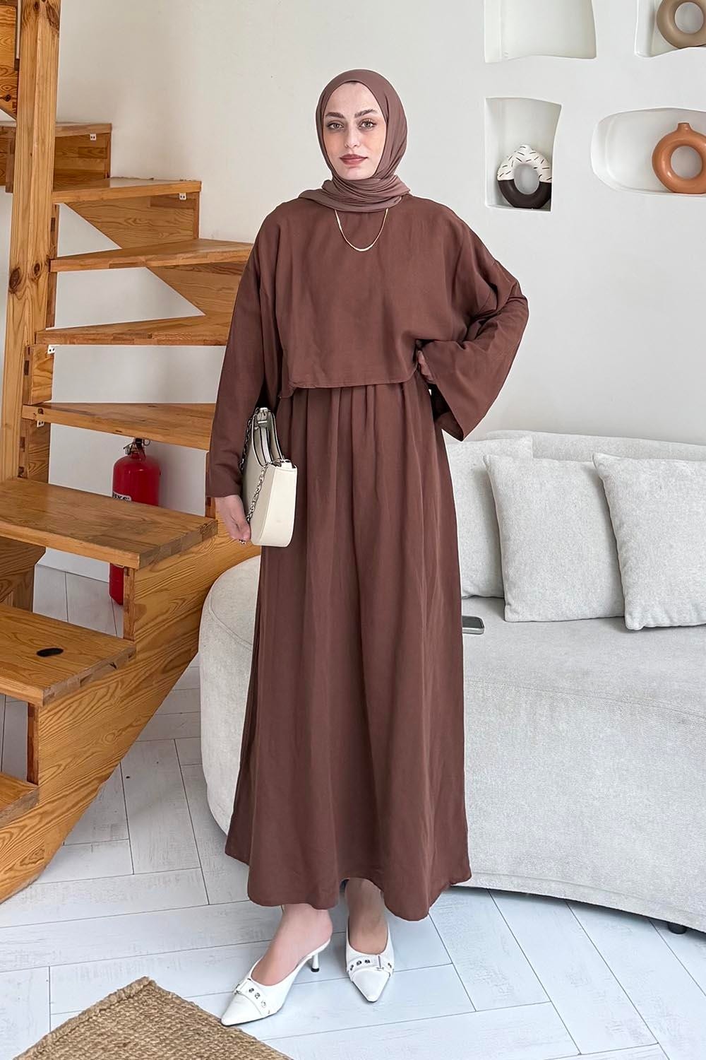 Lamelif Lacivert Oversize Etekli Tesettür Takım Kadın Pamuk - Polyester Düz Desen ile Şık