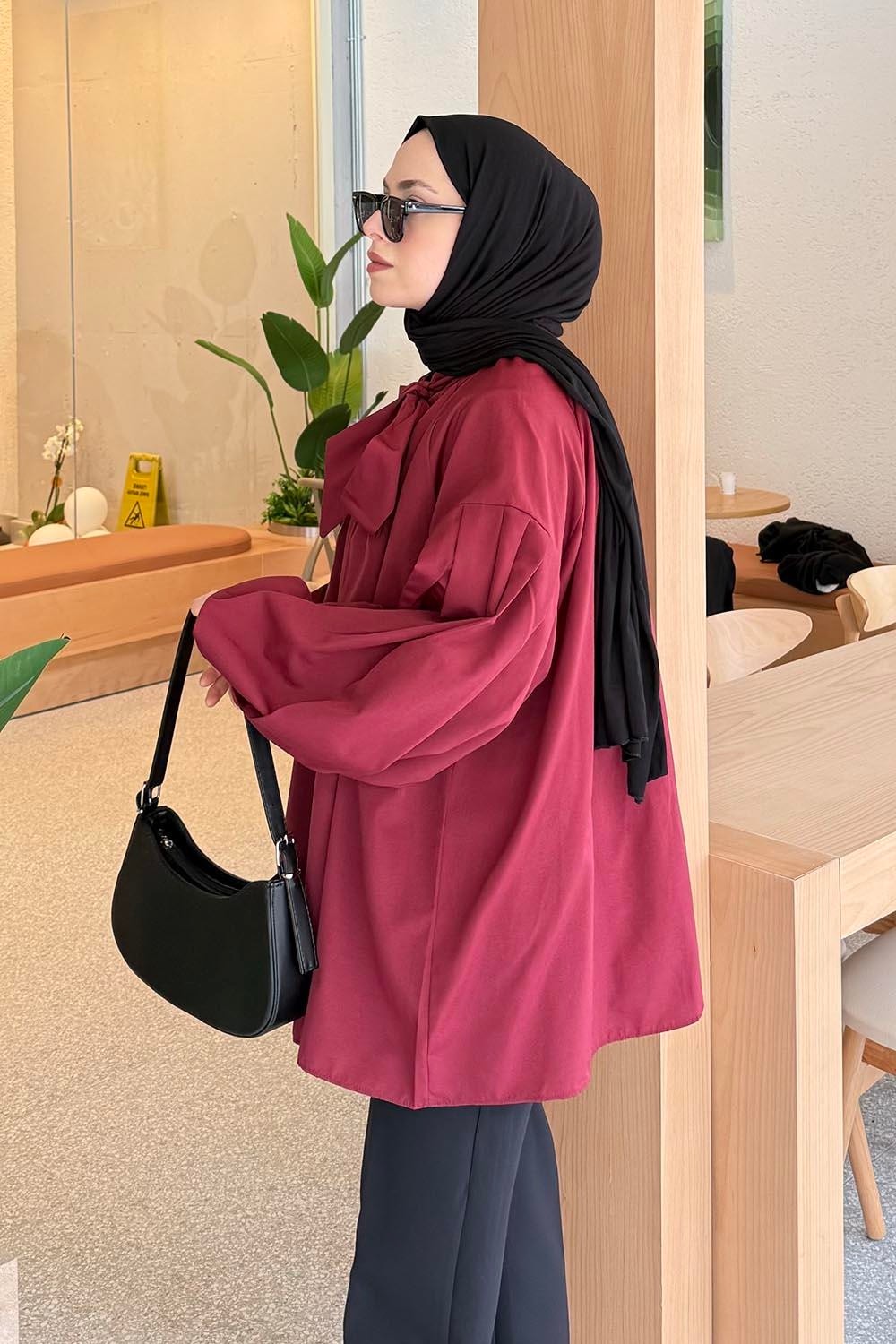 Lamelif Yaka Fular Detaylı Gömlek Siyah görsel 6