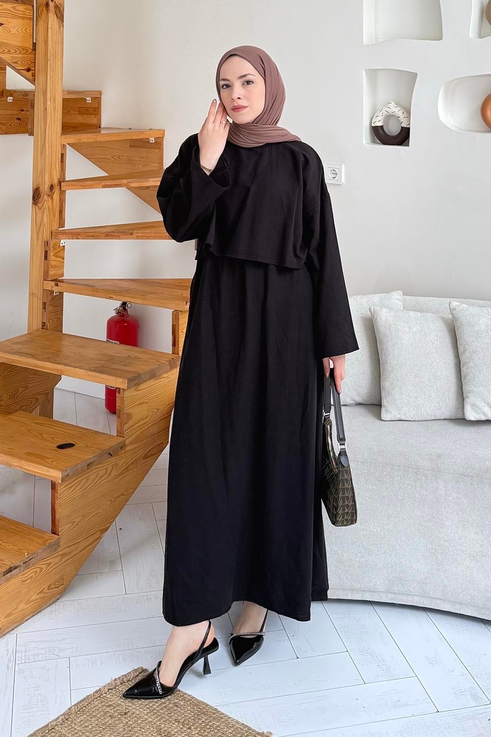 Lamelif Lacivert Oversize Etekli Tesettür Takım Kadın Pamuk - Polyester Düz Desen ile Şık