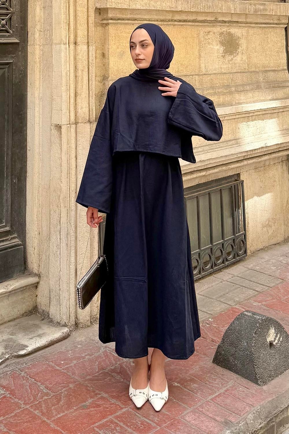 Lamelif Lacivert Oversize Etekli Tesettür Takım Kadın Pamuk - Polyester Düz Desen ile Şık