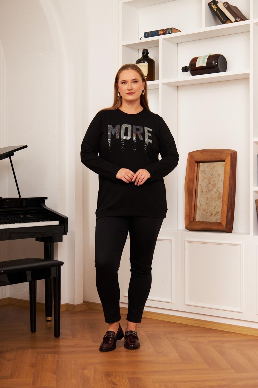 Imagine Giyim Kadın Işıltılı Taş Detaylı Siyah Büyük Beden Sweatshirt görsel 4