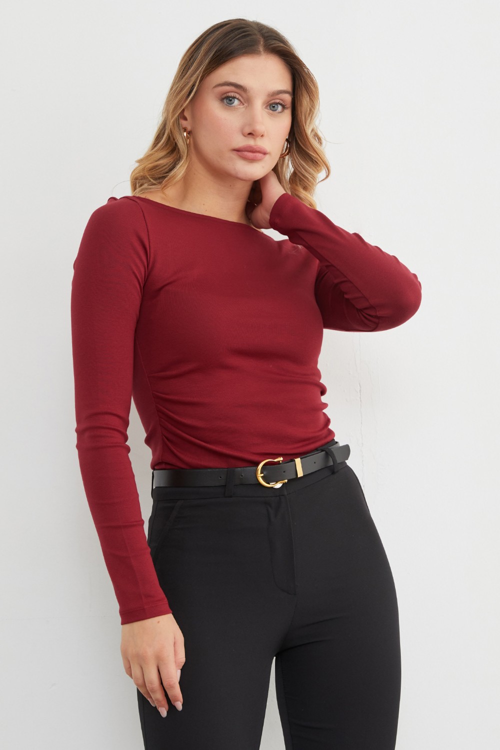 FullaModa Yanları Drapeli Kayık Yaka Body görsel 6