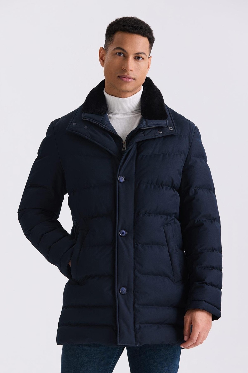 Jakamen Siyah Regular Fit Yaka Kürklü Düğmeli Şişme Mont görsel 6