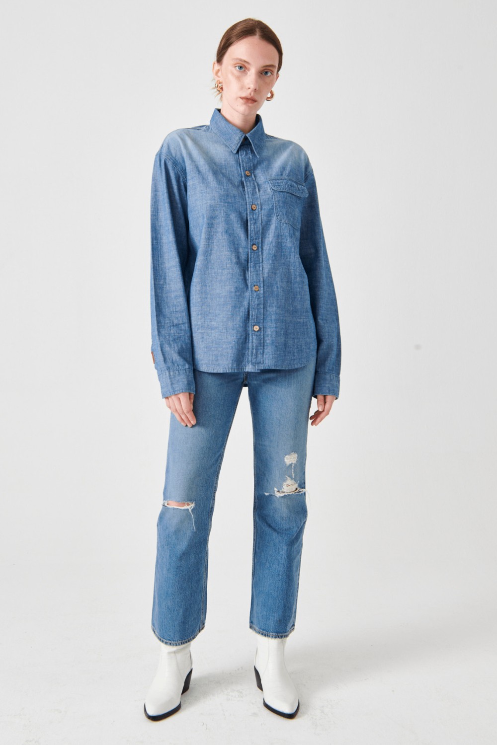 Denim Trip Regular Fit Açık İndigo Chambray Kadın Jean Gömlek görsel 6