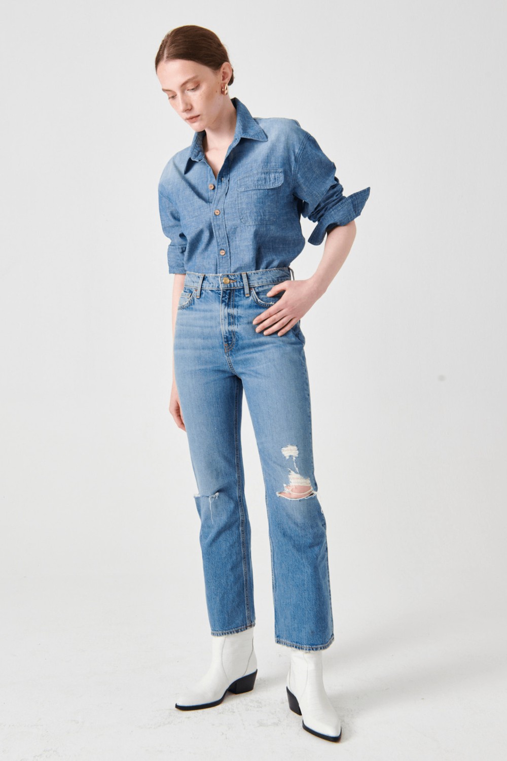 Denim Trip Regular Fit Açık İndigo Chambray Kadın Jean Gömlek görsel 7