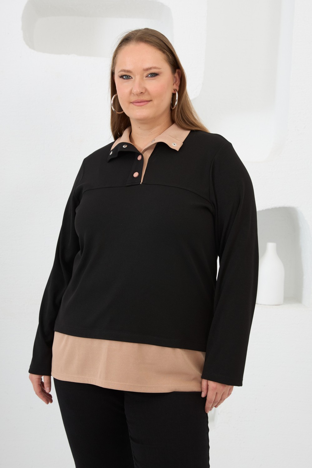 Rmg Büyük Beden Iki Renkli Polo Yaka Sweatshirt