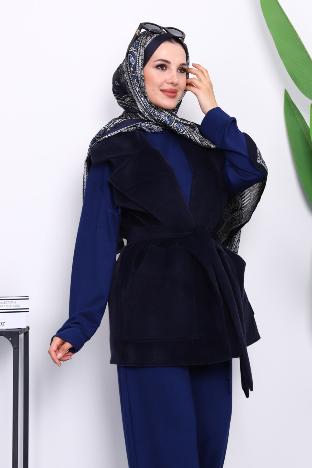 İmaj Butik Lacivert Kruvaze Yaka Kuşaklı Kaşe Yelek