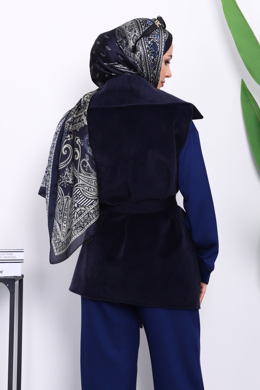 İmaj Butik Lacivert Kruvaze Yaka Kuşaklı Kaşe Yelek görsel 4