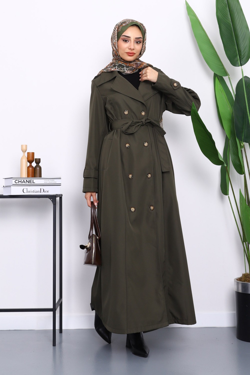 İmaj Butik Haki Kruvaze Yaka Apoletli Uzun Trençkot görsel 5