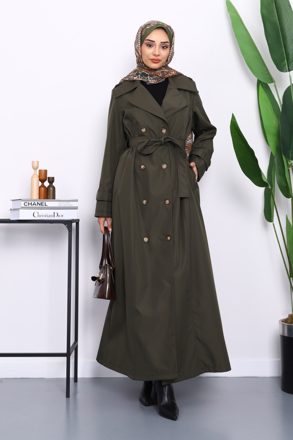 İmaj Butik Haki Kruvaze Yaka Apoletli Uzun Trençkot görsel 6