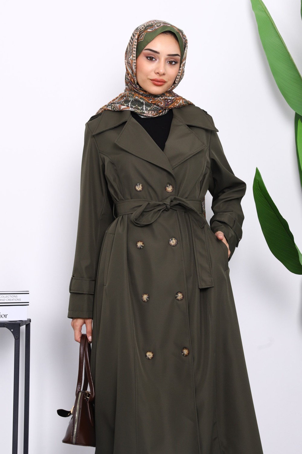 İmaj Butik Haki Kruvaze Yaka Apoletli Uzun Trençkot görsel 7
