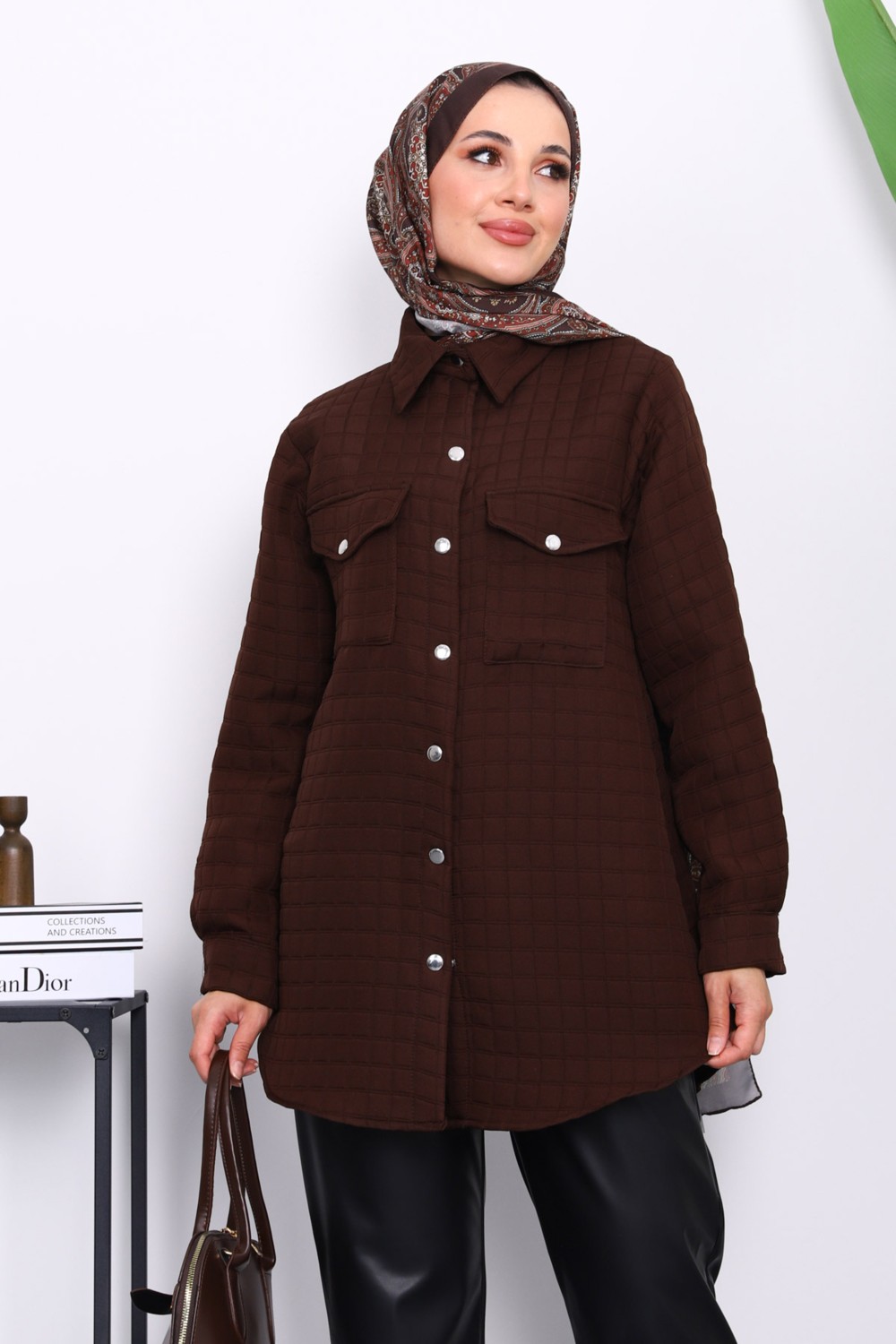 İmaj Butik Kahverengi Kapitone Çıtçıtlı Cepli Ceket