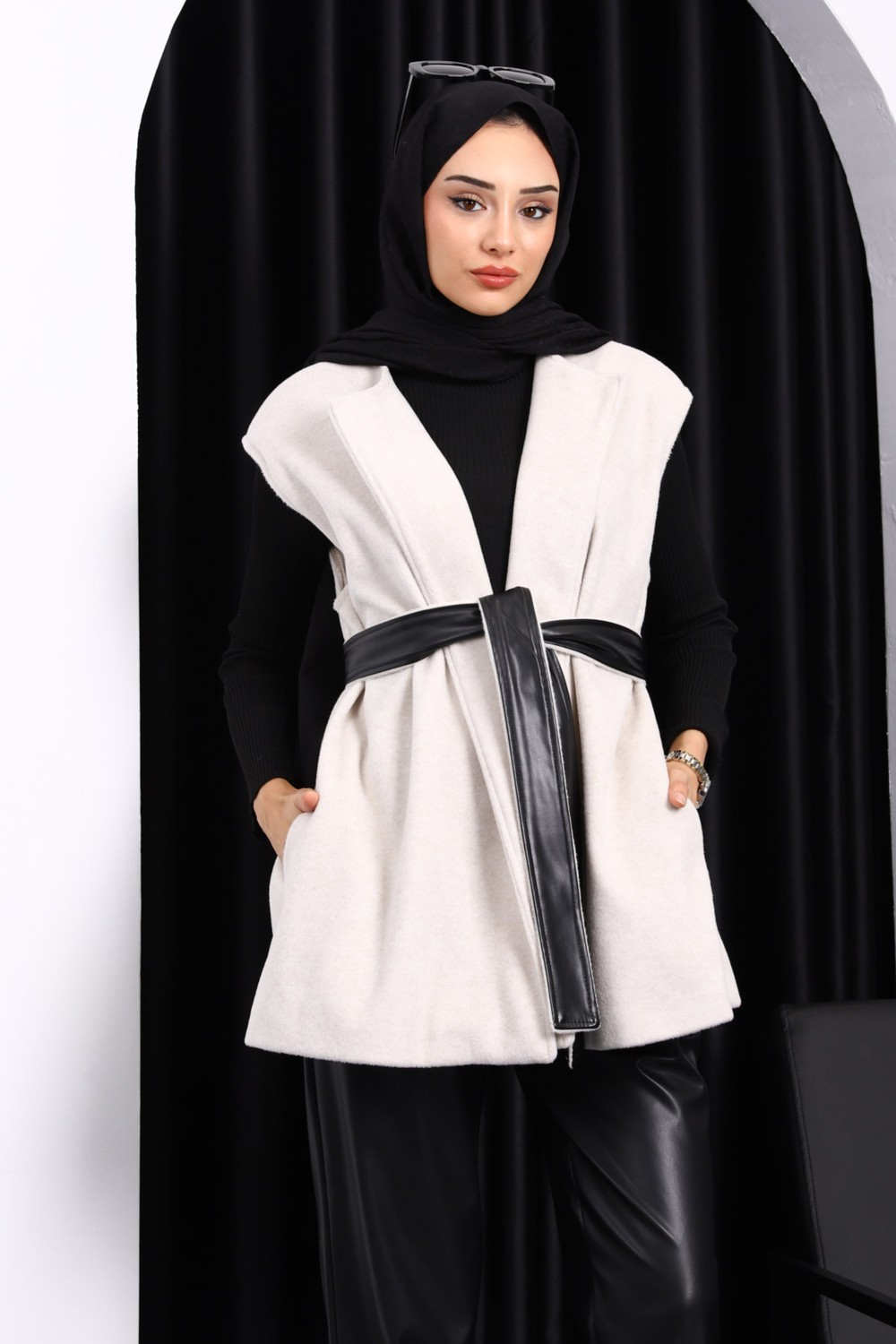 İmaj Butik Antrasit Kuşaklı Çift Cepli Kaşe Yelek görsel 6
