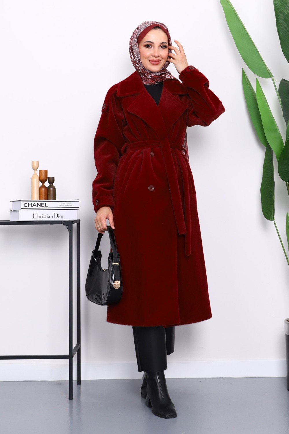 İmaj Butik Füme Kruvaze Yaka Kuşaklı Angora Kaban