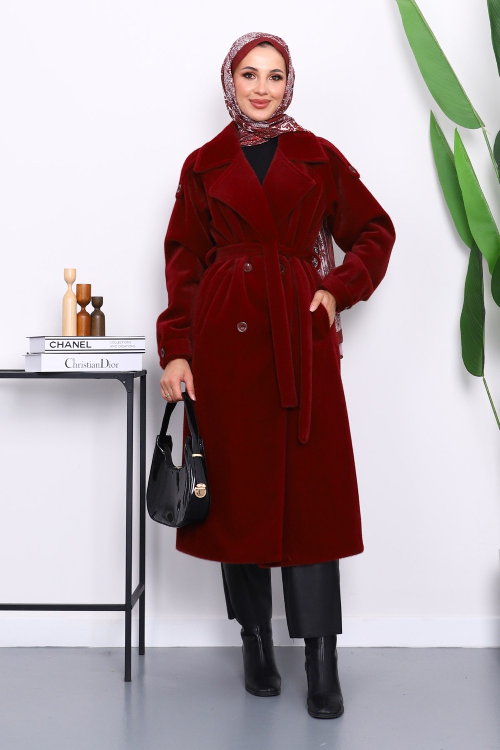 İmaj Butik Füme Kruvaze Yaka Kuşaklı Angora Kaban görsel 2