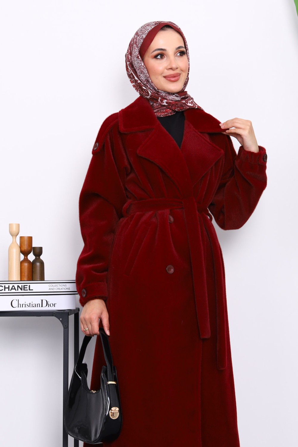 İmaj Butik Füme Kruvaze Yaka Kuşaklı Angora Kaban görsel 3