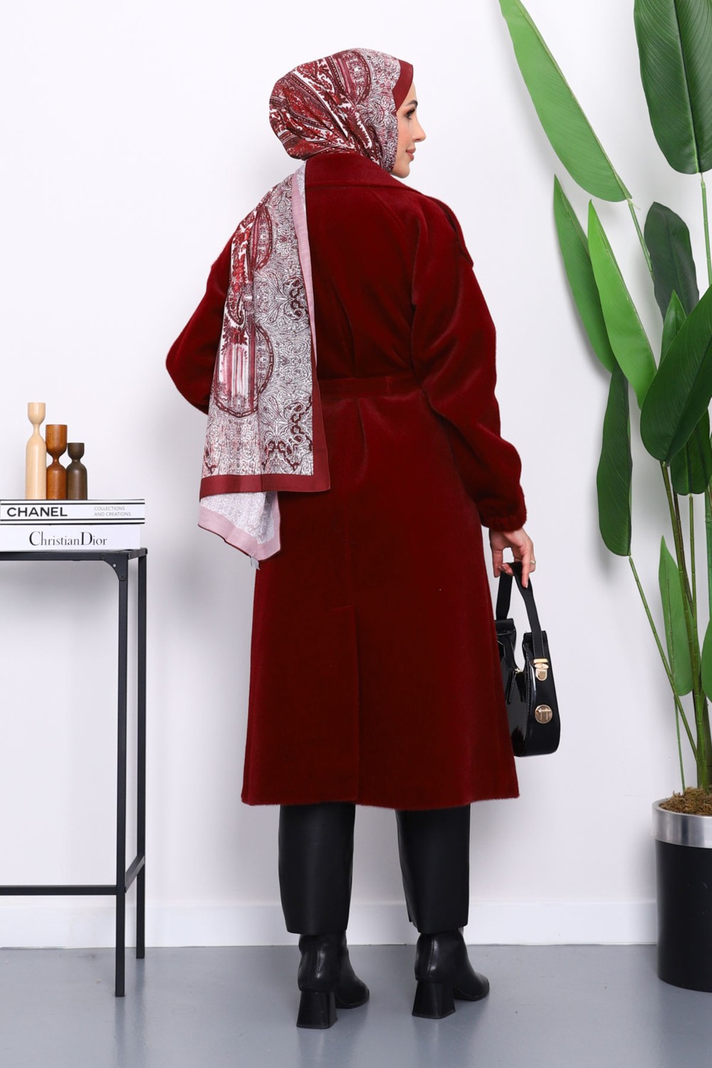 İmaj Butik Füme Kruvaze Yaka Kuşaklı Angora Kaban görsel 4