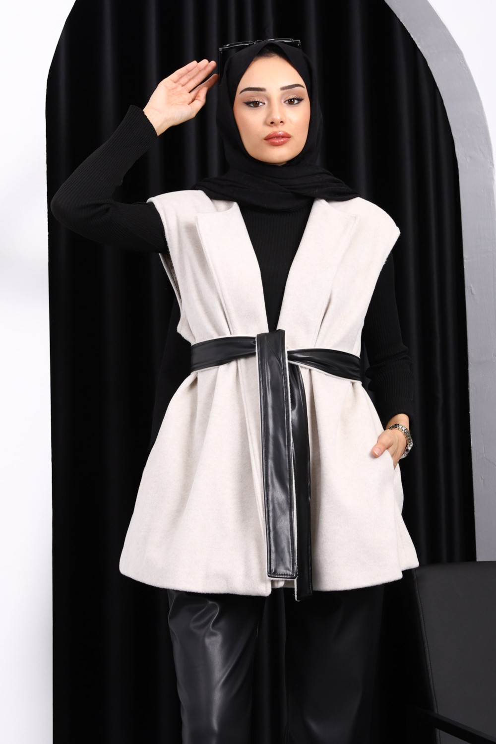 İmaj Butik Antrasit Kuşaklı Çift Cepli Kaşe Yelek görsel 7