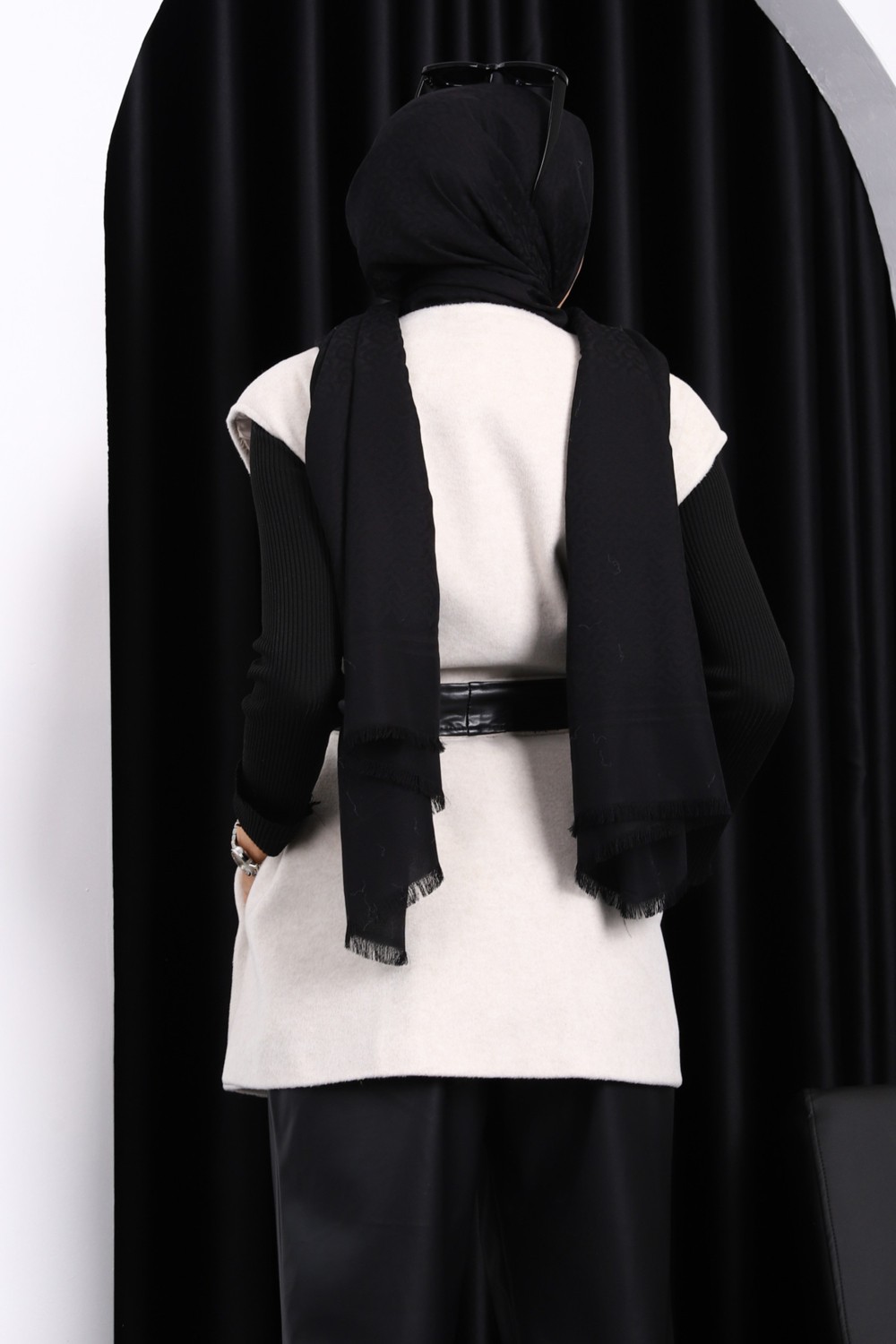 İmaj Butik Antrasit Kuşaklı Çift Cepli Kaşe Yelek görsel 8