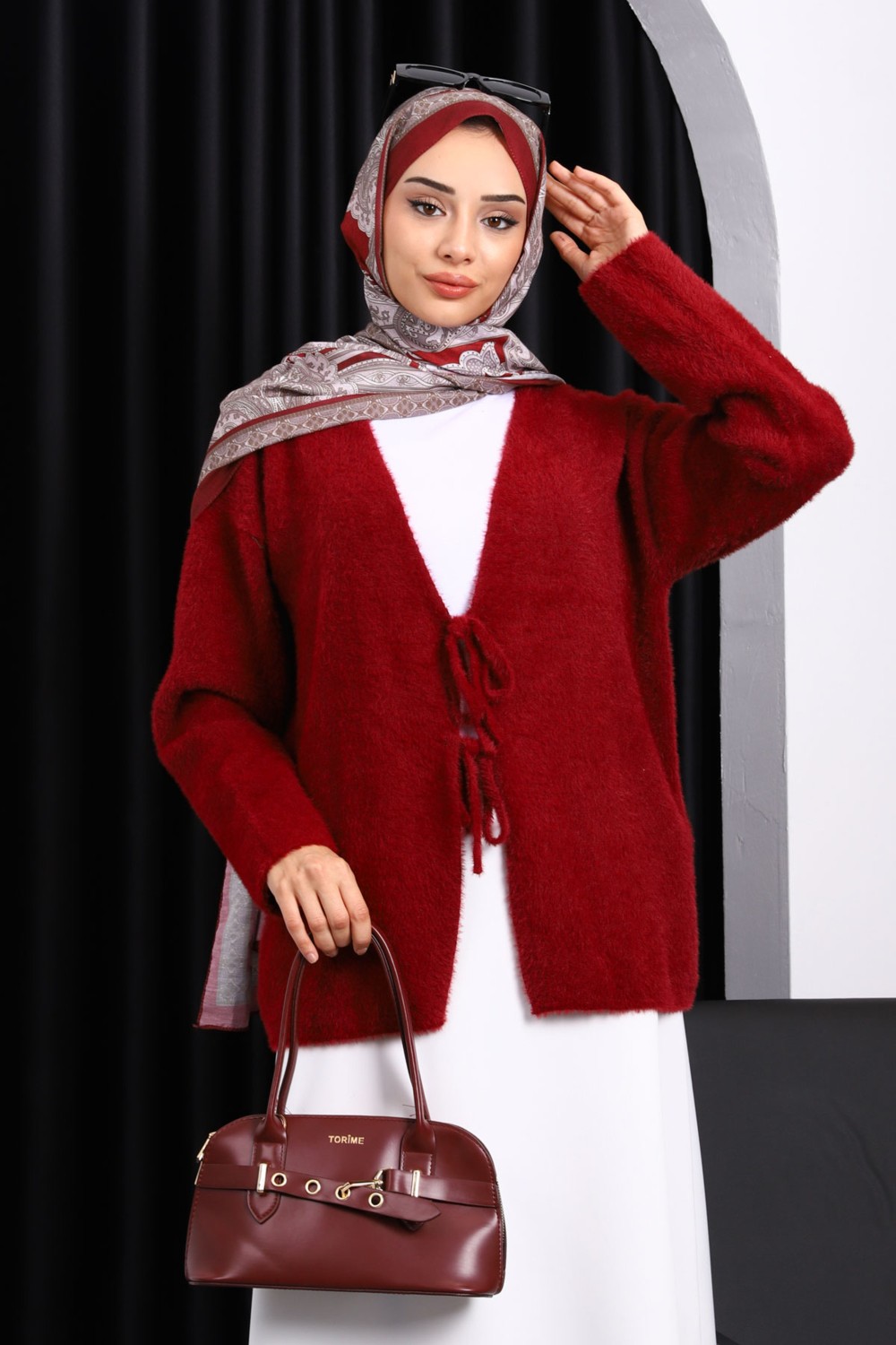 İmaj Butik Krem Ön Bağlama Detaylı Angora Yumoş Hırka görsel 3