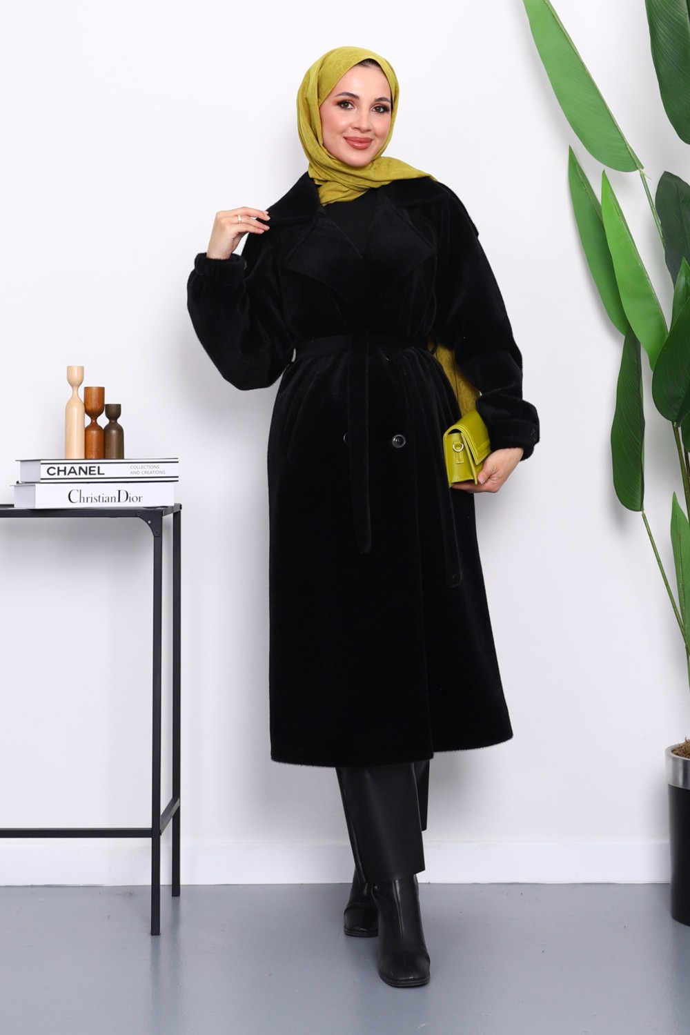 İmaj Butik Füme Kruvaze Yaka Kuşaklı Angora Kaban görsel 5