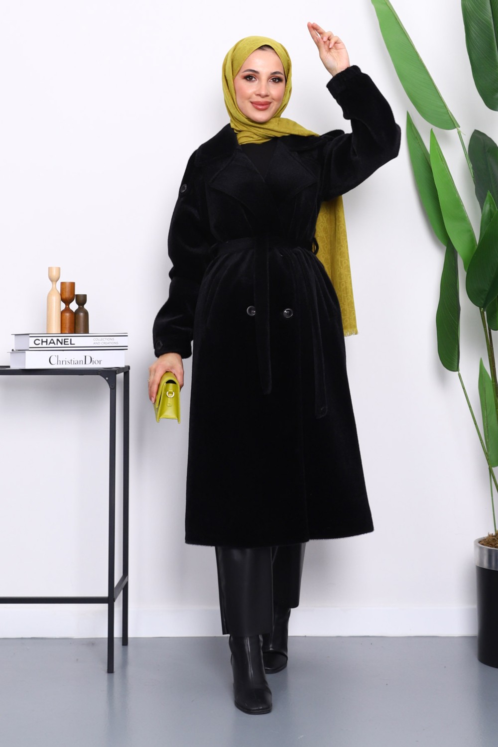 İmaj Butik Füme Kruvaze Yaka Kuşaklı Angora Kaban görsel 6
