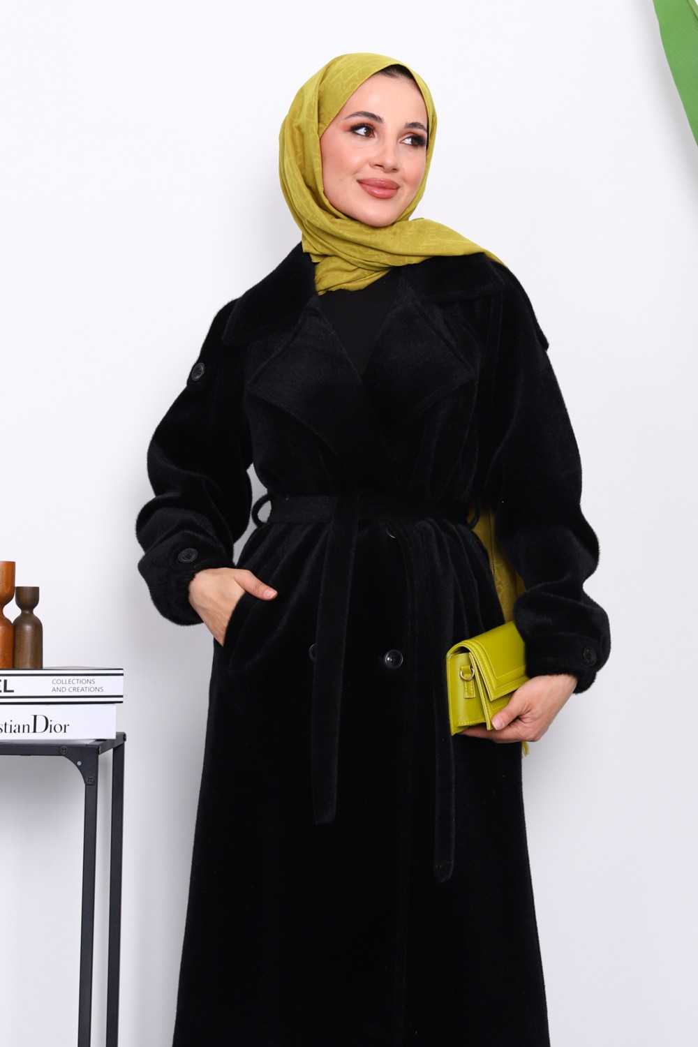 İmaj Butik Füme Kruvaze Yaka Kuşaklı Angora Kaban görsel 7