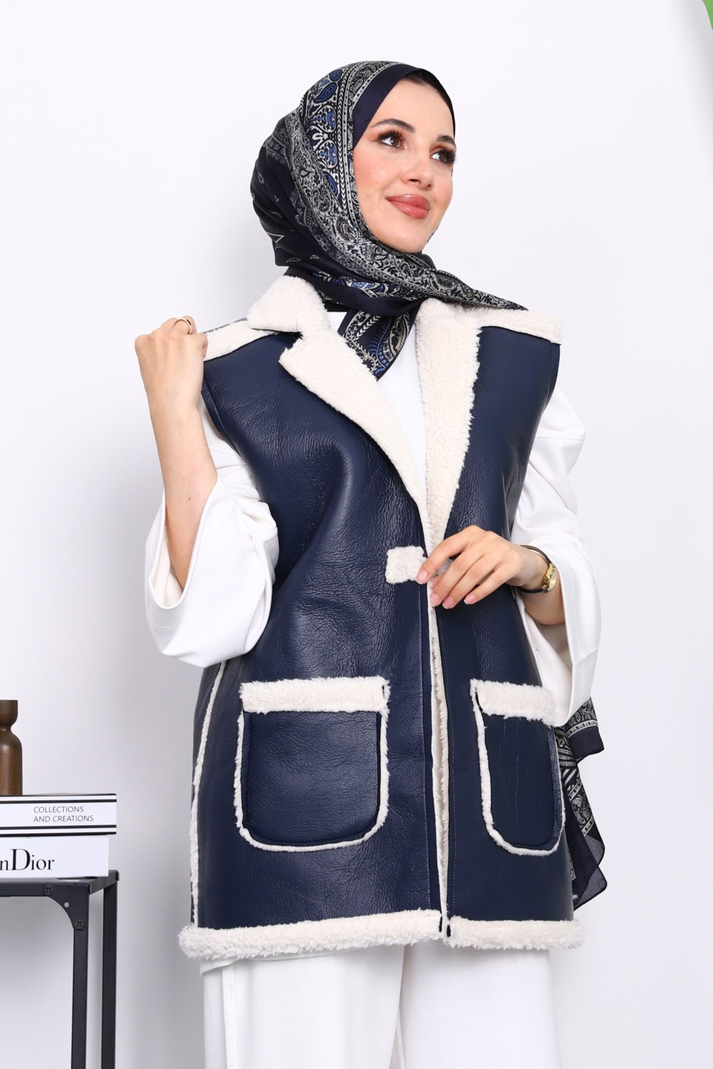 İmaj Butik Koyu Bej Cepli Kürklü Deri Yelek