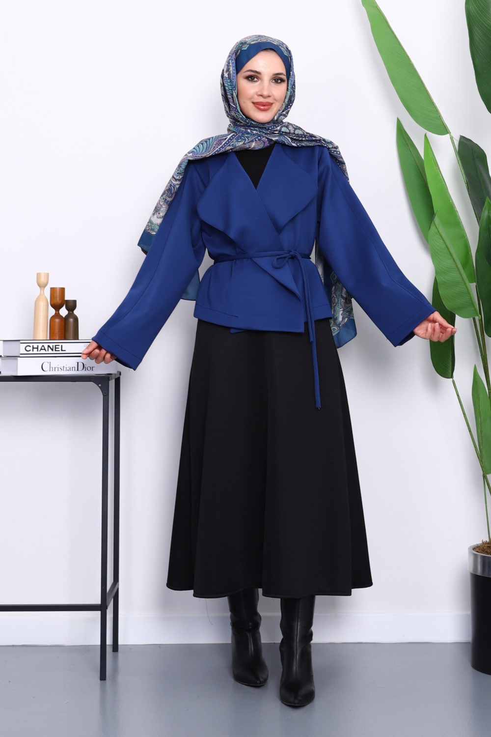 İmaj Butik Lacivert Şal Yaka Scuba Puf Kısa Ceket görsel 2
