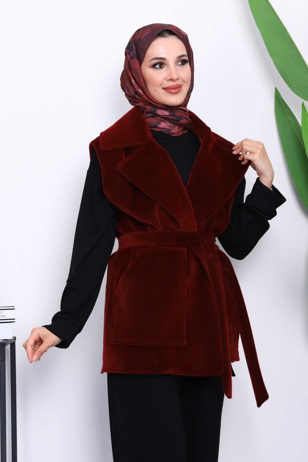 İmaj Butik Lacivert Kruvaze Yaka Kuşaklı Kaşe Yelek