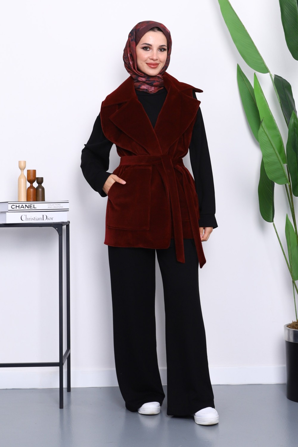 İmaj Butik Lacivert Kruvaze Yaka Kuşaklı Kaşe Yelek görsel 6