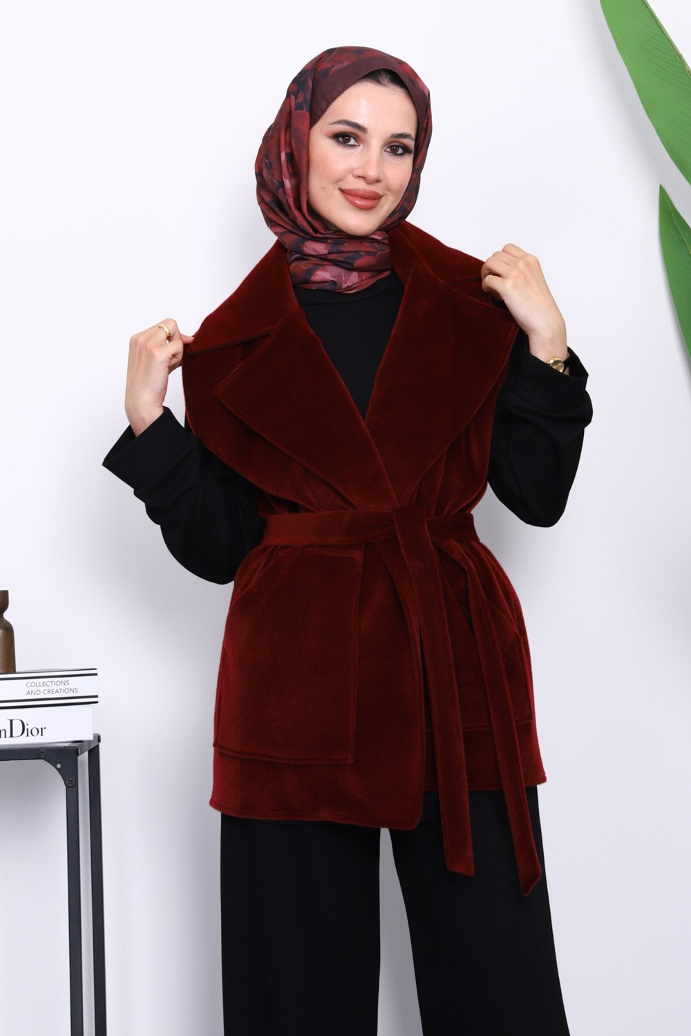 İmaj Butik Lacivert Kruvaze Yaka Kuşaklı Kaşe Yelek görsel 7