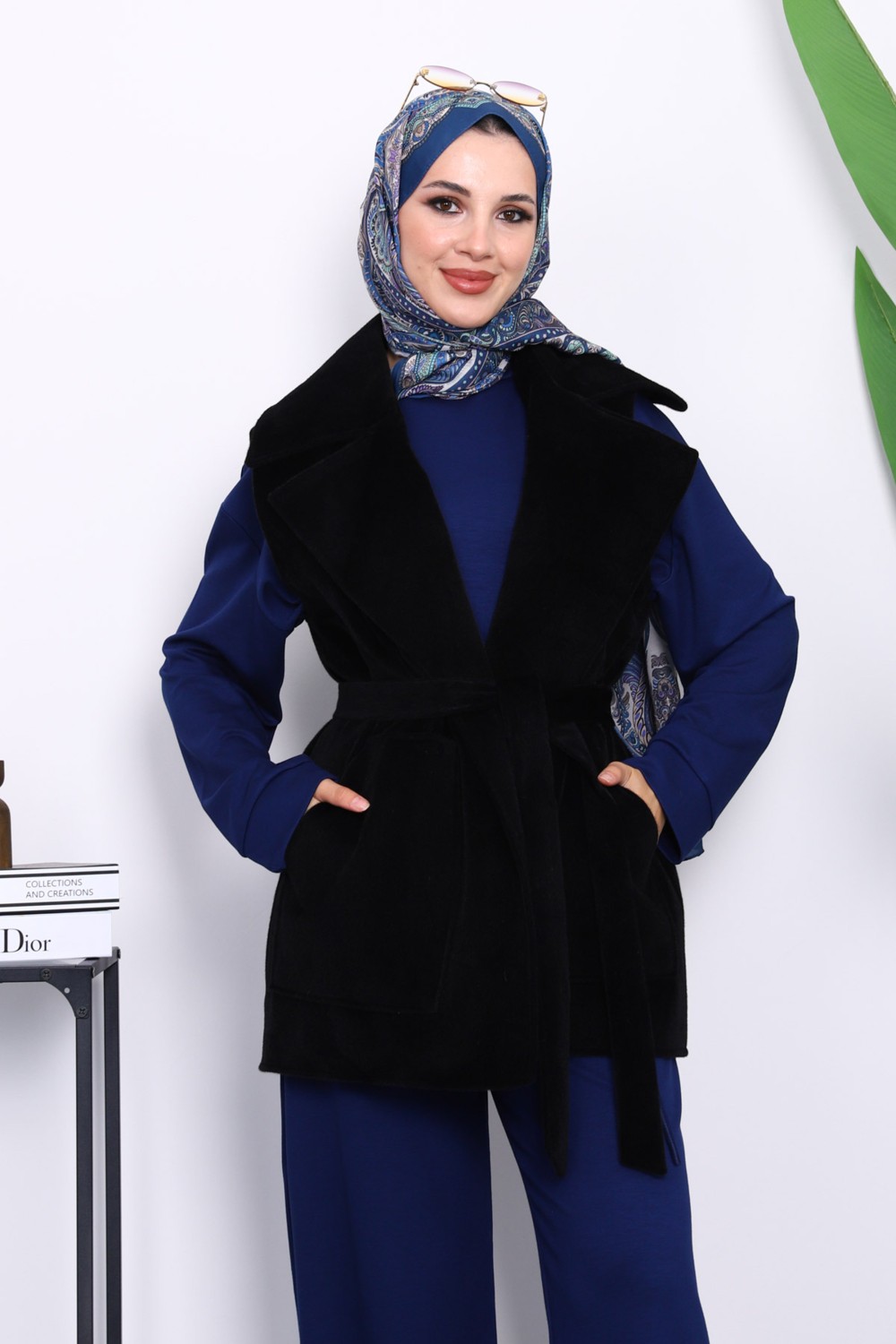 İmaj Butik Lacivert Kruvaze Yaka Kuşaklı Kaşe Yelek